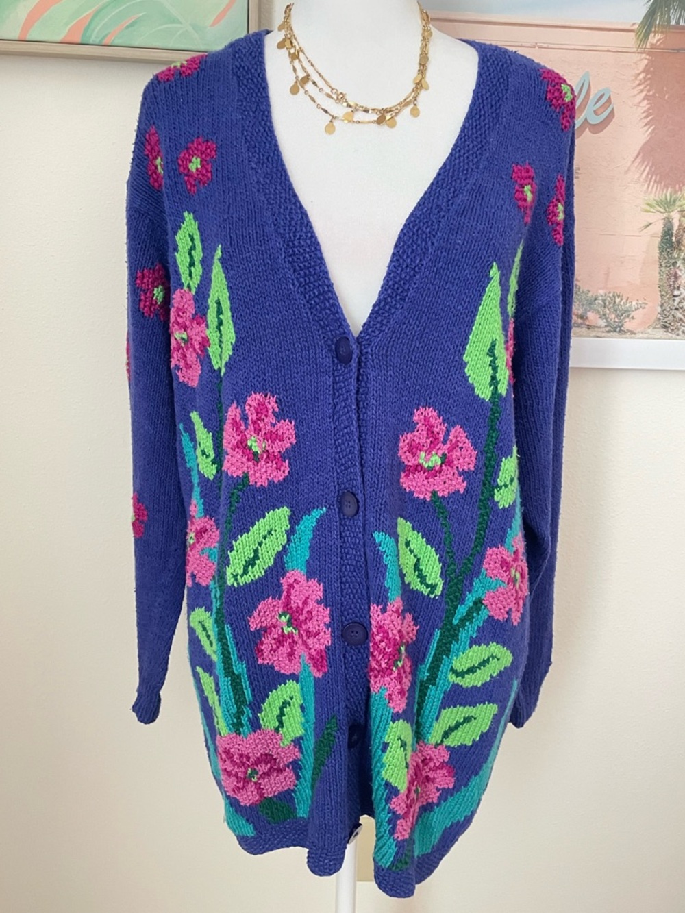 Liz Claiborne Handknit Vintage 90s Floral Button Cardigan Maximalist Medium